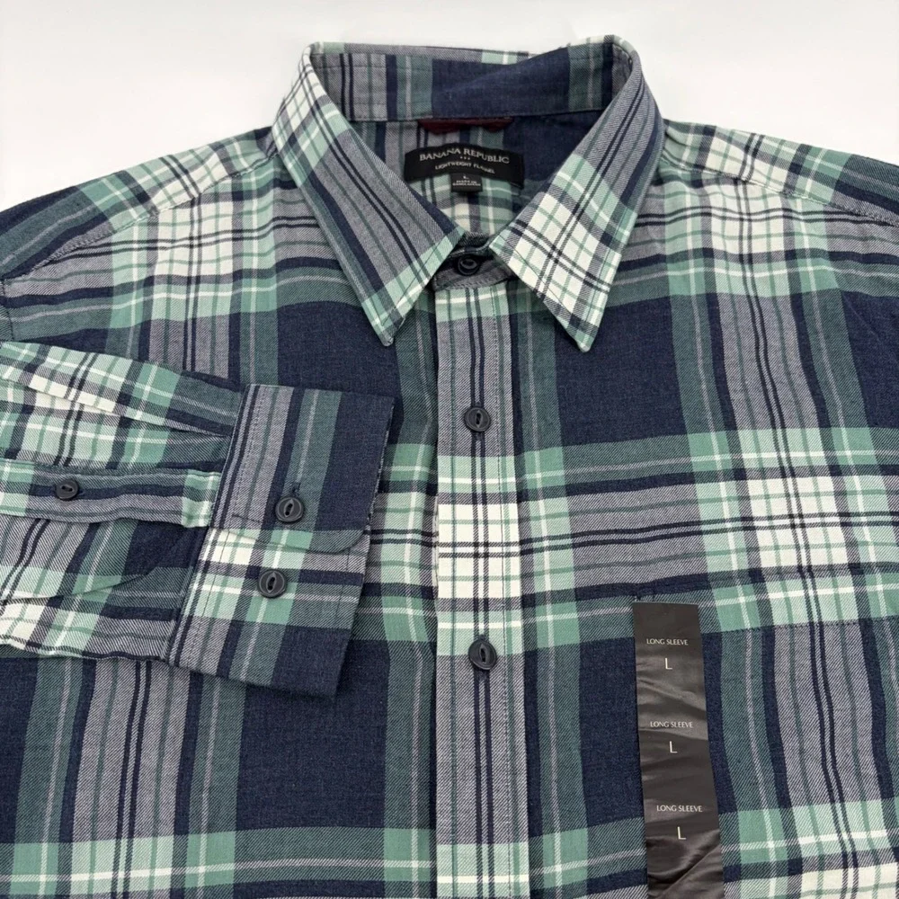 Banana Republic NEW Mens Lightweight Flannel Shirt Navy Blue Green Plaid Large L